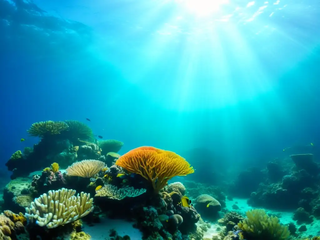 Bajo el agua en Sicilia, un arrecife de coral vibrante con vida marina, sol filtrándose y colores cautivadores