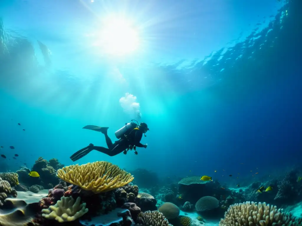 Bajo el agua, el buceador encuentra mindfulness rodeado de vida marina y vibrantes arrecifes de coral