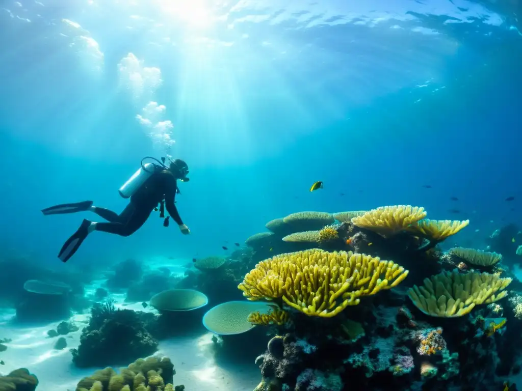 Exploración mindful bajo el agua para buceo en un vibrante arrecife de coral lleno de peces y plantas marinas coloridas