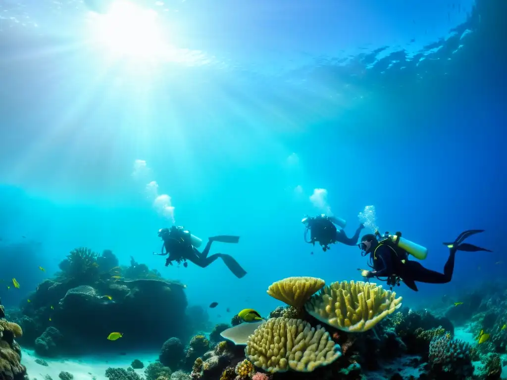 Bajo el agua, buzos exploran un arrecife de coral vibrante, lleno de vida marina