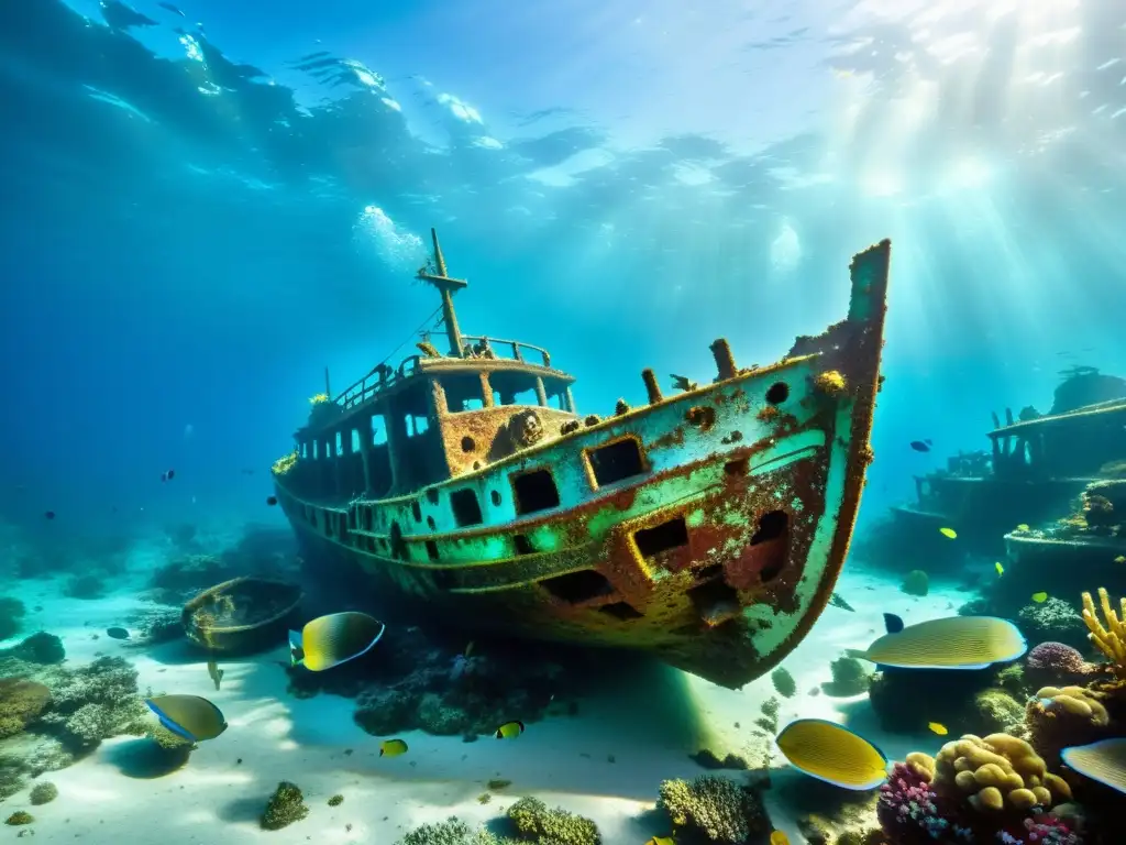 Bajo el agua, un impresionante barco antiguo y sus restos, rodeado de vida marina, corales y peces coloridos