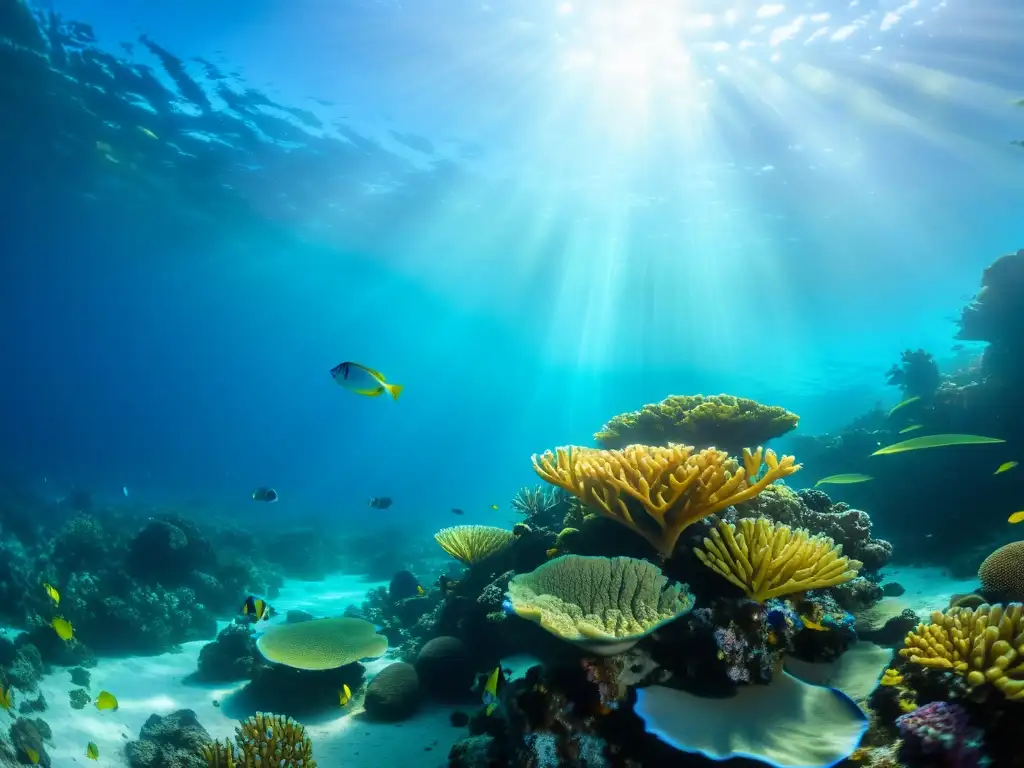 Bajo el agua en Laguna Azul de Belice, un arrecife de coral vibrante con peces coloridos