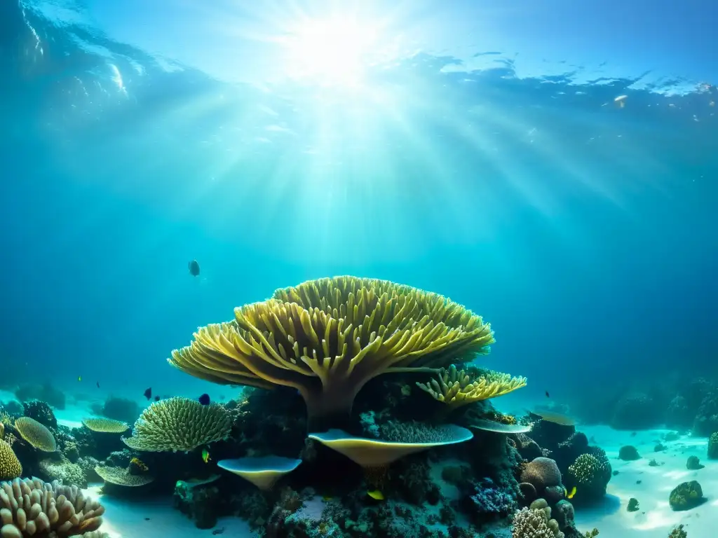 Bajo el agua en Maldivas, un arrecife de coral vibrante muestra un mundo marino diverso con peces coloridos y formaciones de coral