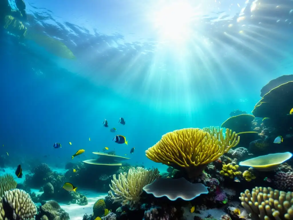 Bajo el agua, un vibrante arrecife de coral rebosa vida marina