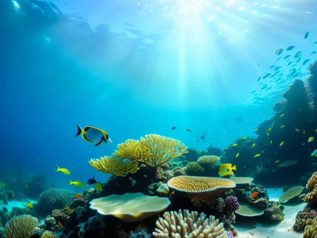 Bajo el agua, un vibrante ecosistema de arrecifes de coral con vida marina diversa, plantas marinas y bacterias marinas depuración océano