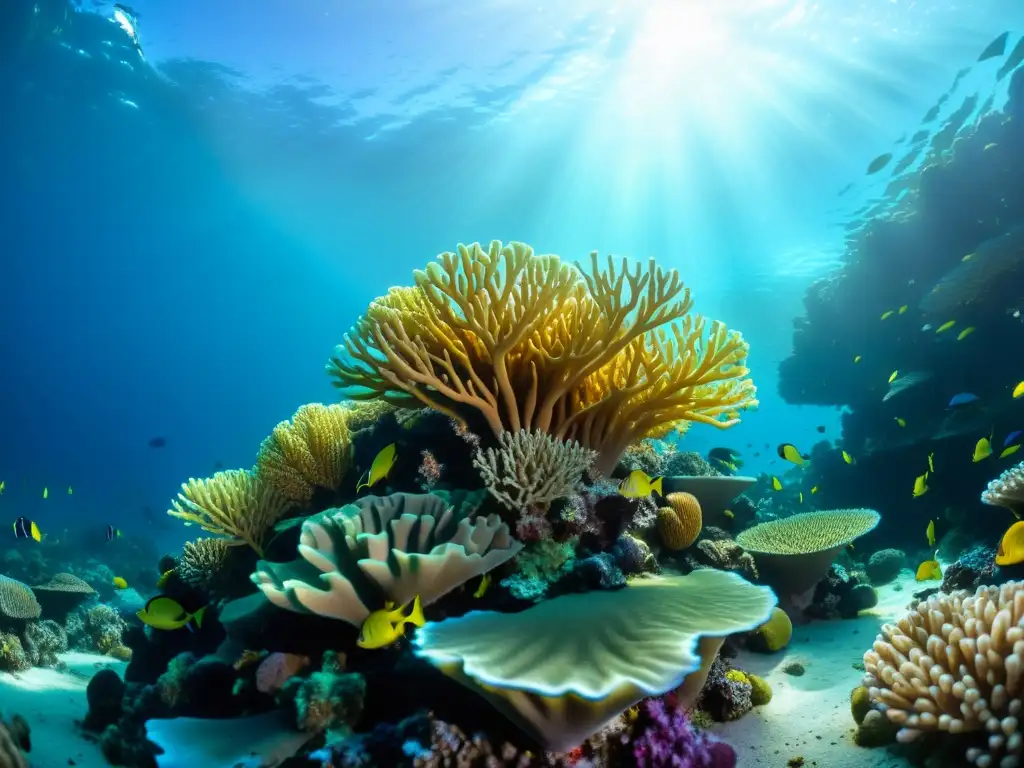 Ajustes cámara para fotografía submarina: Detalle impresionante de un arrecife de coral colorido, lleno de vida marina y bañado por la luz del sol