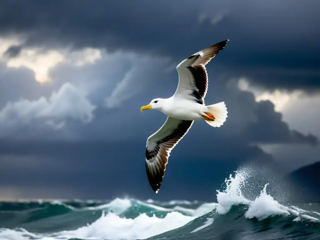 Un albatros surcando el cielo sobre un mar agitado, mostrando su envergadura contra nubes tormentosas