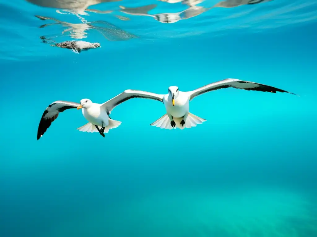 Dos albatros elegantes planean con gracia sobre aguas turquesa, desafiando la reproducción de aves marinas en su entorno marino