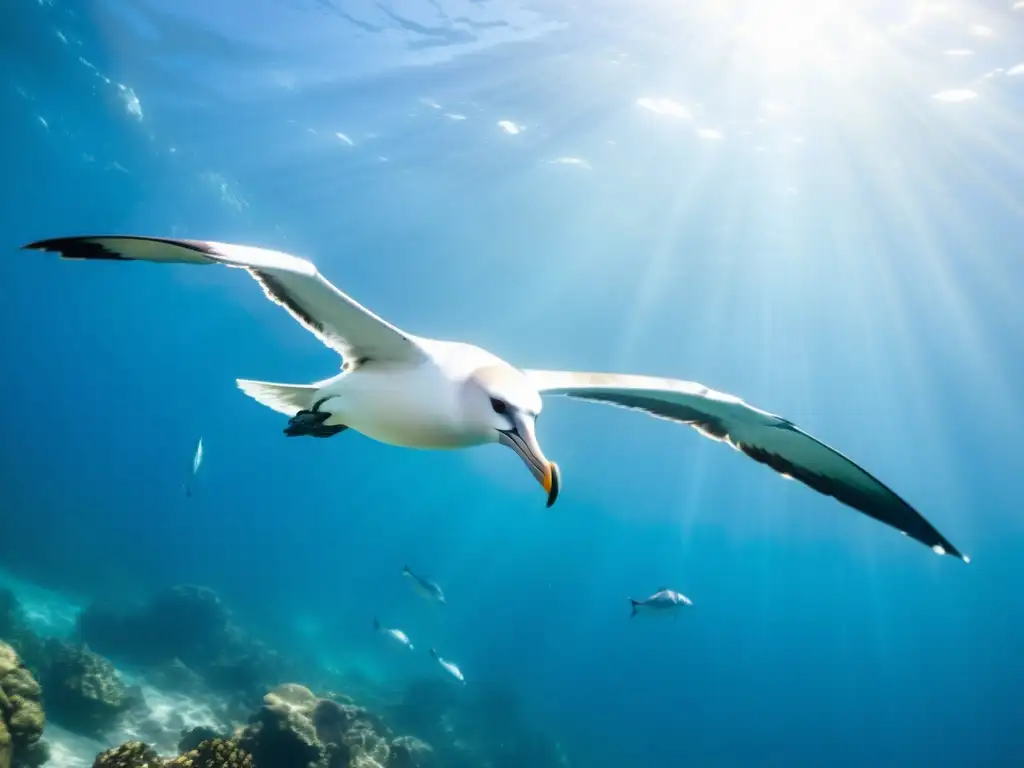 Albatros majestuoso surcando aguas cristalinas, rodeado de vida marina