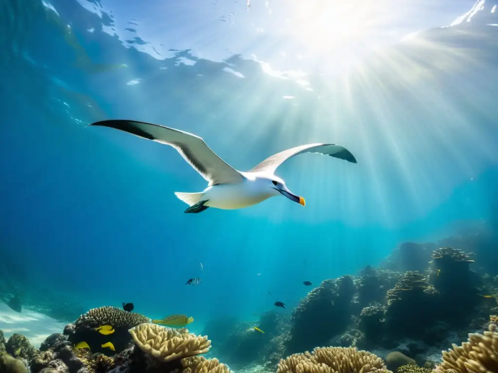 Un albatros majestuoso surca elegantes aguas oceánicas, iluminando la escena con sus plumas mientras una escuela de peces exóticos lo acompaña