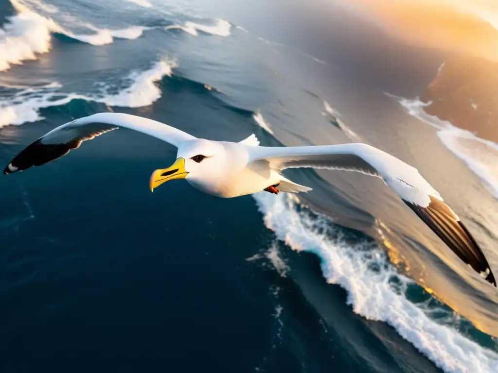 Un albatros majestuoso planea sobre el océano, sus alas capturan la luz dorada del atardecer