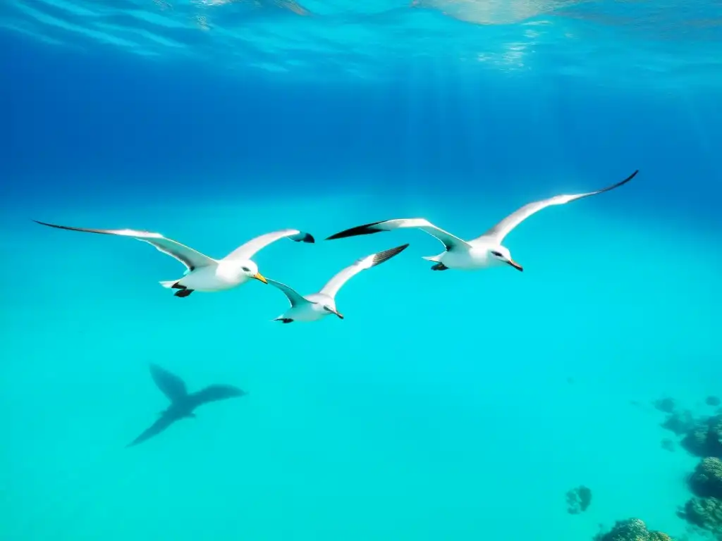 Albatros majestuosos surcando aguas turquesas, adaptaciones de aves marinas al cambio climático