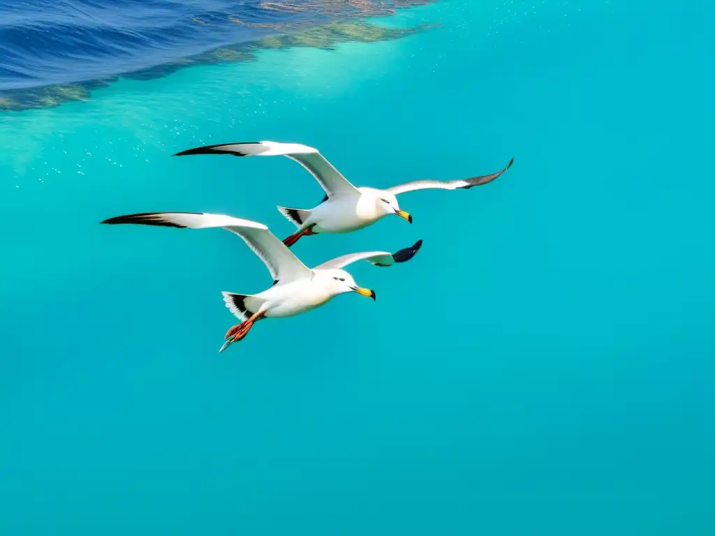 Alcatraces majestuosos desafían la reproducción de aves marinas, bailando en armonía con las corrientes marinas en aguas cristalinas