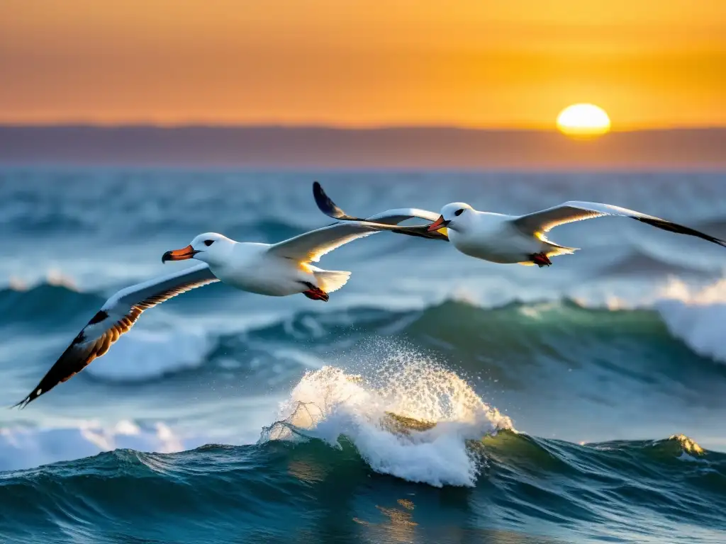 Alcatraces majestuosos planeando sobre el resplandeciente mar al atardecer, mostrando la disminución aves marinas causas