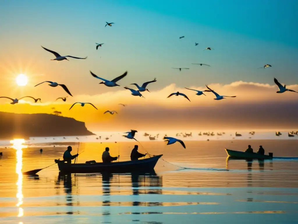 Alianzas sostenibles entre aves, pescadores y el mar, en una escena vibrante y armoniosa