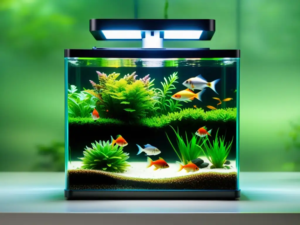 Un alimentador automático moderno en un acuario cristalino, rodeado de plantas acuáticas y peces exóticos