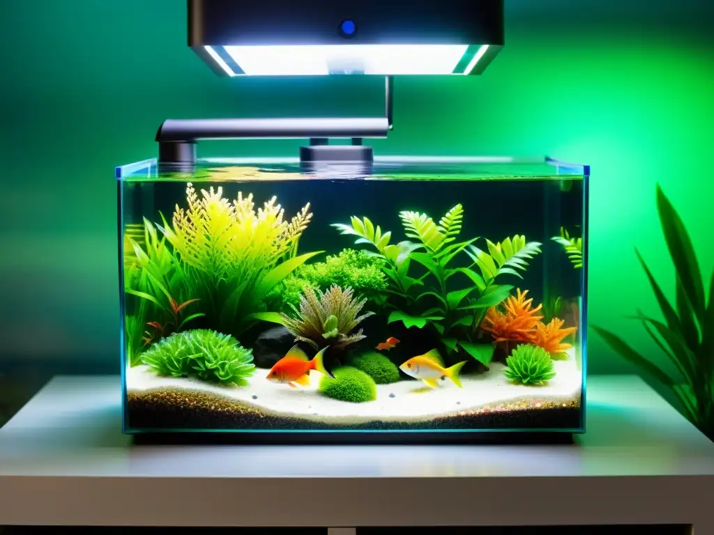 Un alimentador automático para peces moderno y elegante, rodeado de plantas acuáticas vibrantes y peces coloridos en un acuario cristalino