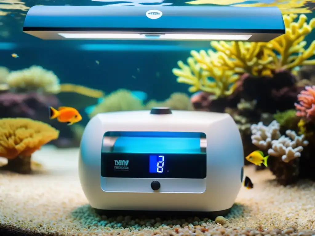 Un alimentador programable para peces en un arrecife de coral, rodeado de peces tropicales y burbujas, creando un ambiente tranquilo y vibrante