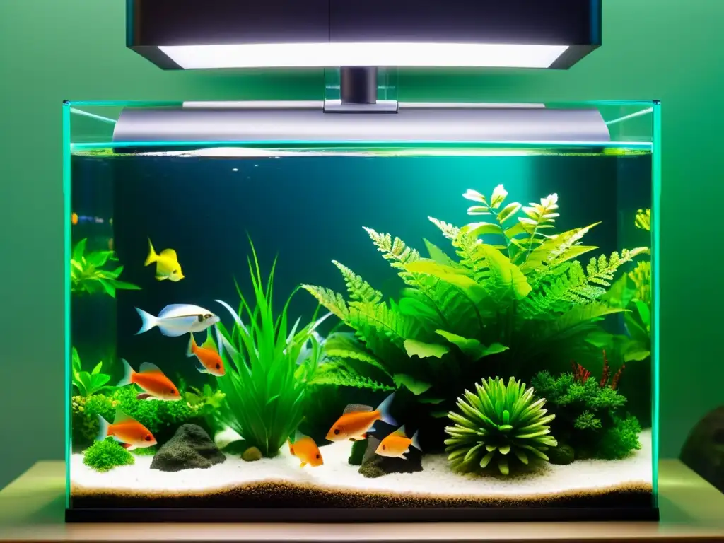 Un alimentador programable para peces rodeado de plantas acuáticas vibrantes y peces tropicales coloridos en un acuario cristalino