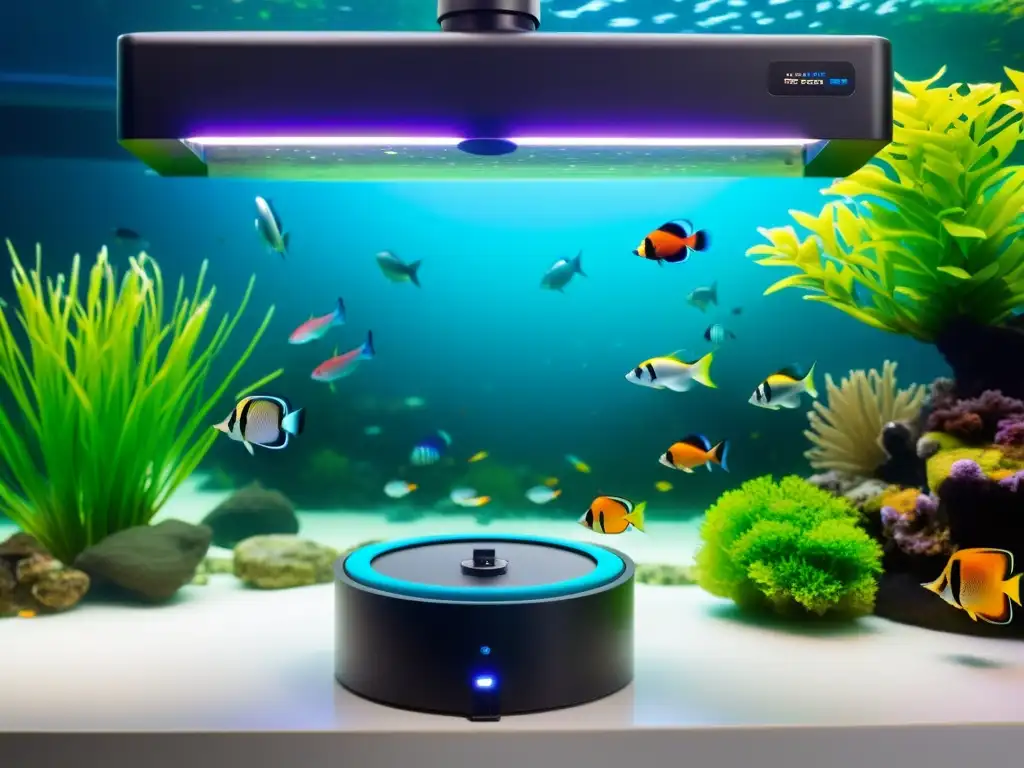 Alimentadores programables para peces en un acuario vibrante con peces tropicales coloridos