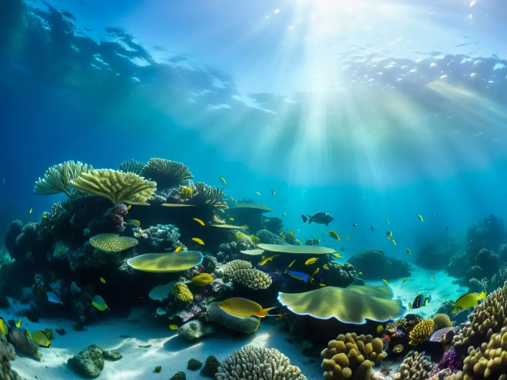 ADN ambiental para censo marino: Una impresionante fotografía submarina capturando un vibrante arrecife de coral repleto de vida marina diversa