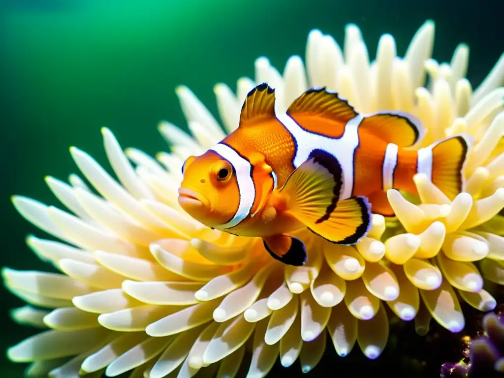 Amor simbiótico en el océano: Pareja de peces payaso entre las tentáculos de una anémona, en un deslumbrante baile de color y luz