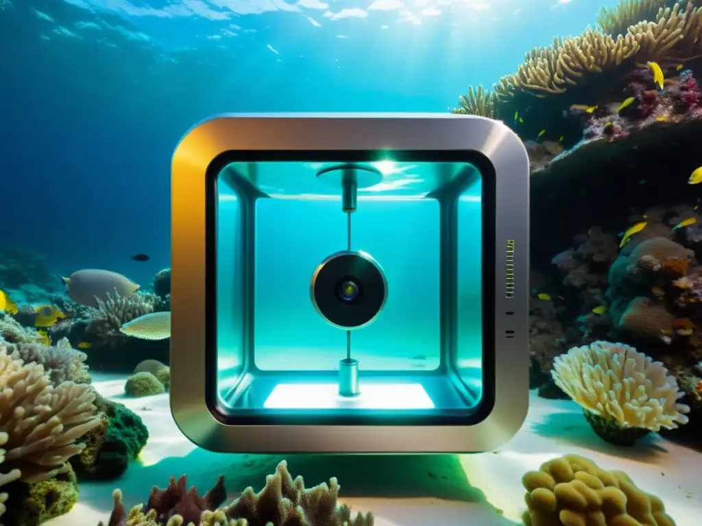 Analizador de agua automático oceánico en entorno marino, resaltando su tecnología avanzada y su integración con el ecosistema acuático