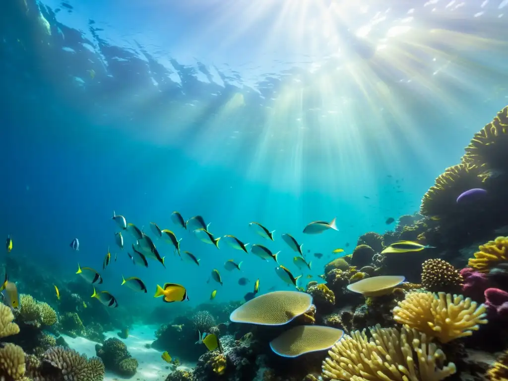 Análizadores de agua automáticos oceánicos: un vibrante arrecife de coral con peces tropicales nadando bajo la cálida luz del sol en el fondo marino