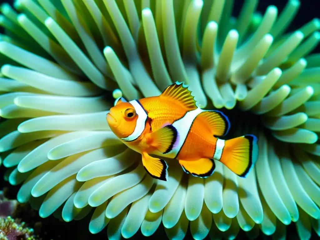 'Clownfish y anémona en simbiosis en el mar: escena vibrante y detallada de la vida marina, con colores brillantes y detalles impresionantes