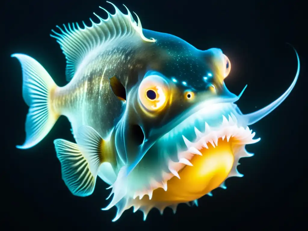 Un anglerfish bioluminiscente en las profundidades marinas, con adaptaciones de la fauna marina