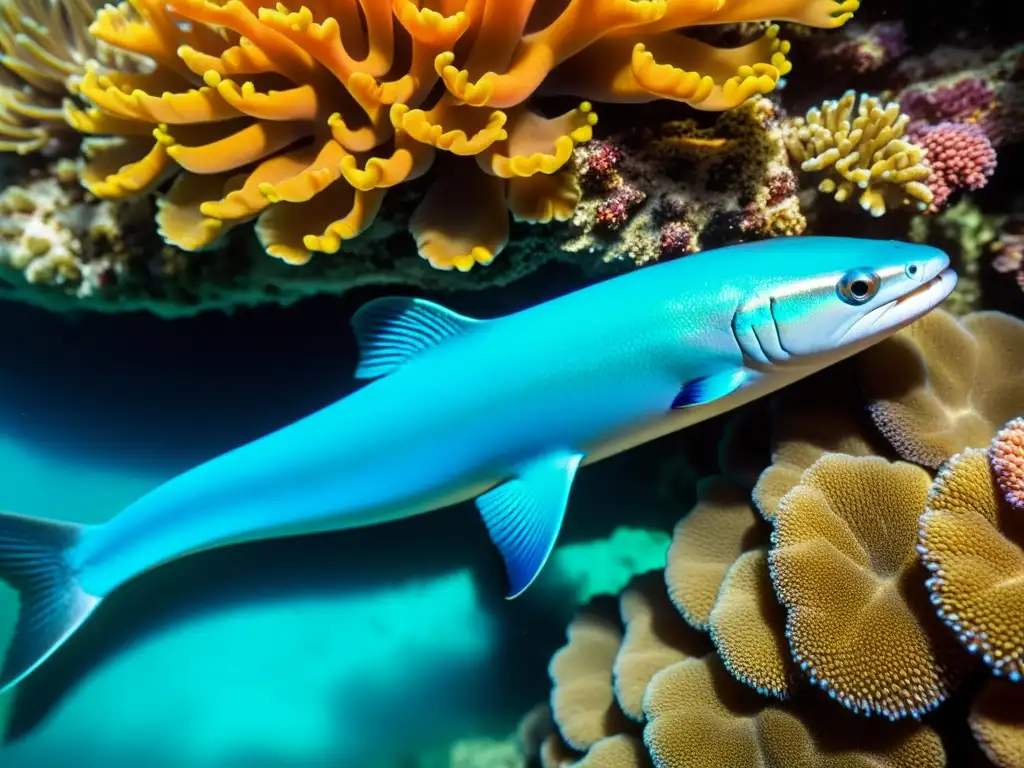 Una anguila eléctrica acecha entre el vibrante arrecife de coral