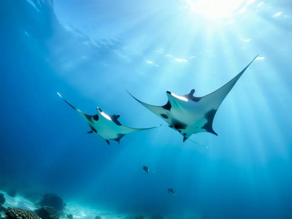 Migración anual de las majestuosas rayas manta en el océano, danza elegante entre corales y vida marina