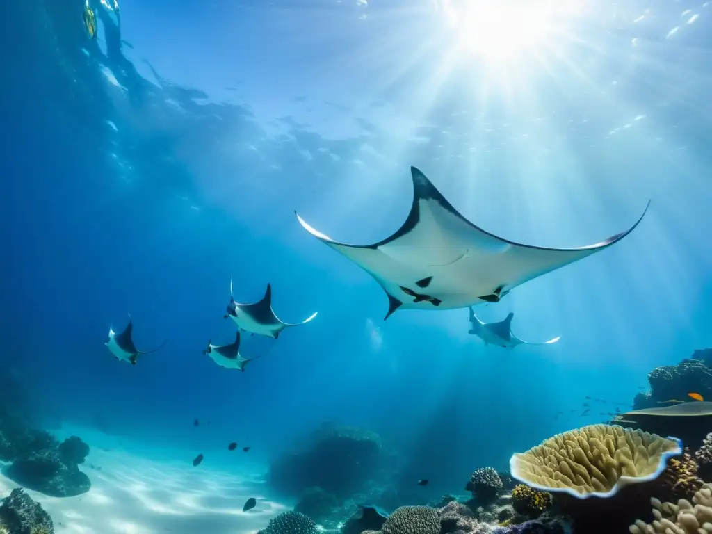 Migración anual de rayas manta en el vibrante y majestuoso arrecife de coral del océano, bajo la luz del sol