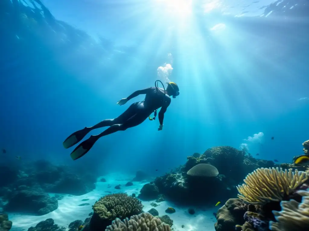 Un apneísta se sumerge en un océano vibrante, rodeado de vida marina y corales, capturando la esencia del entrenamiento en apnea para buceadores