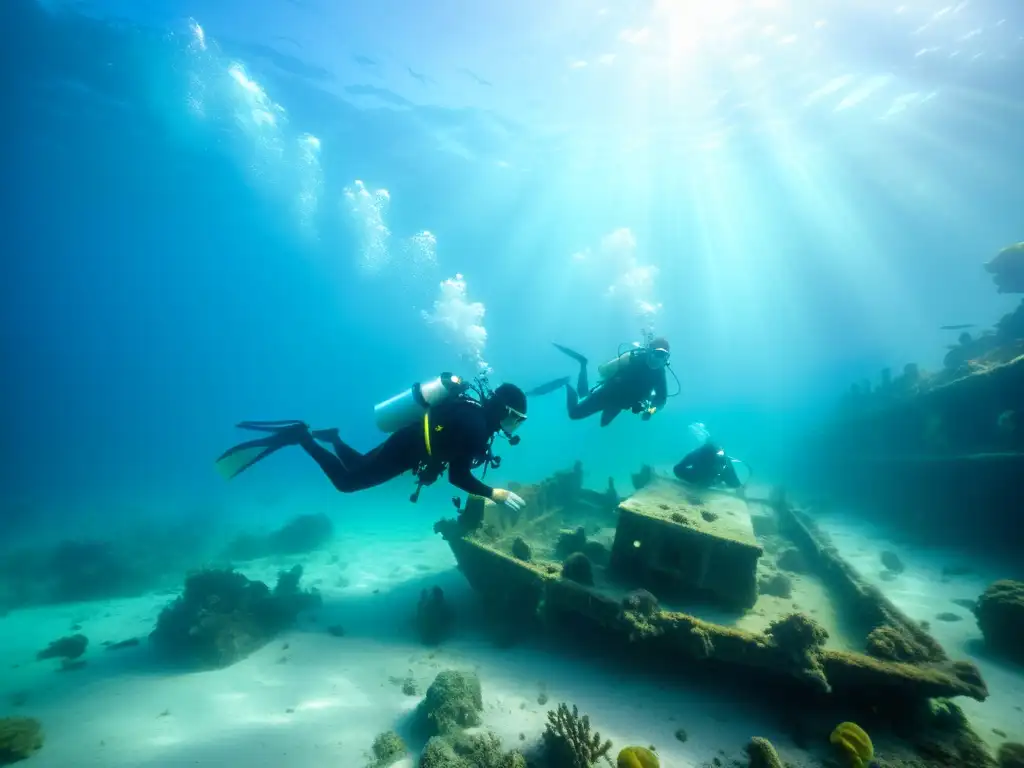 Arqueología subacuática: equipo de arqueólogos explora un naufragio rodeado de vida marina en el fondo marino, iluminados por la luz solar filtrada