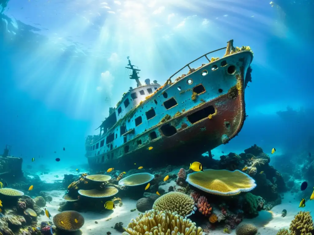 Arqueología subacuática vida marina: naufragio rodeado de colorida vida marina y rayos de sol en el agua azul