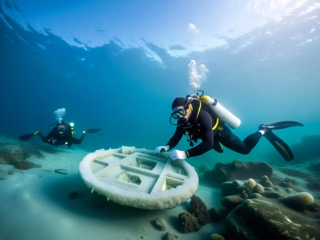 Exploración arqueológica polar subacuática: equipo de buceadores excavando un antiguo artefacto en aguas heladas, revelando historia bajo el hielo