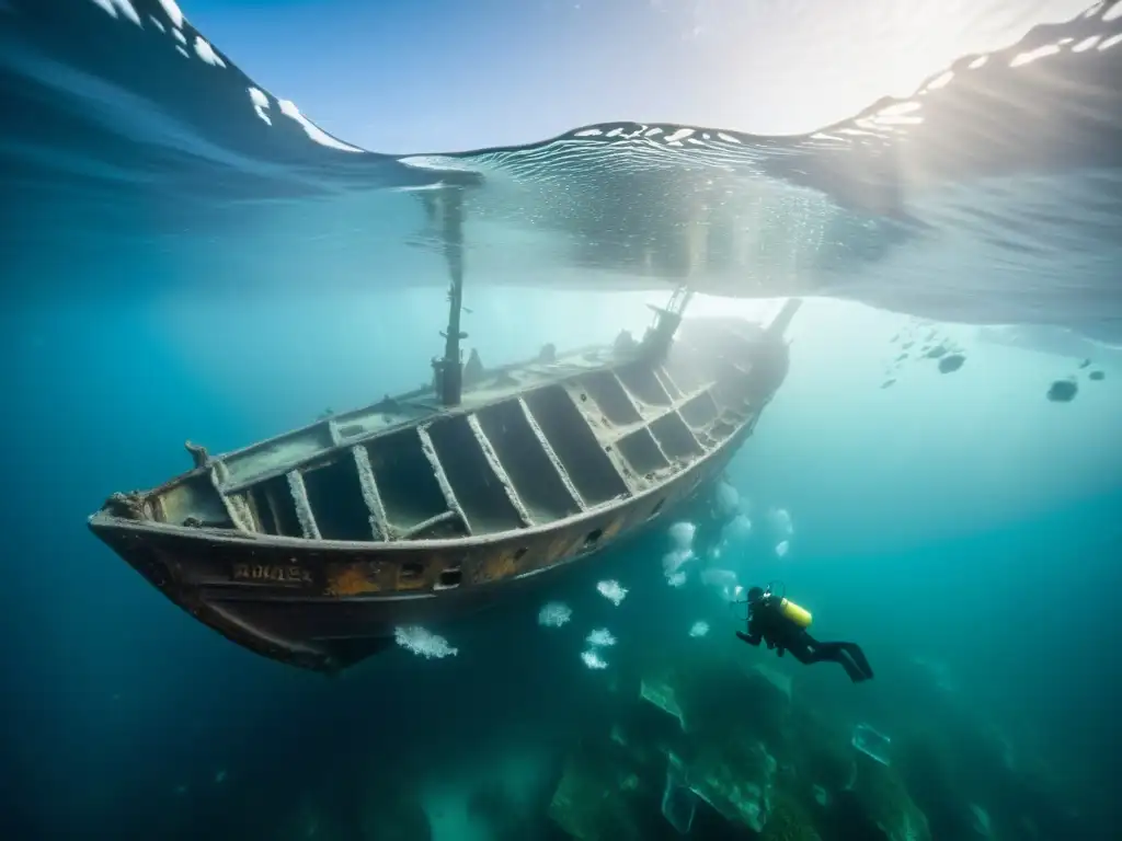 Exploración arqueológica polar subacuática: un paisaje helado y sereno con un naufragio y vida marina