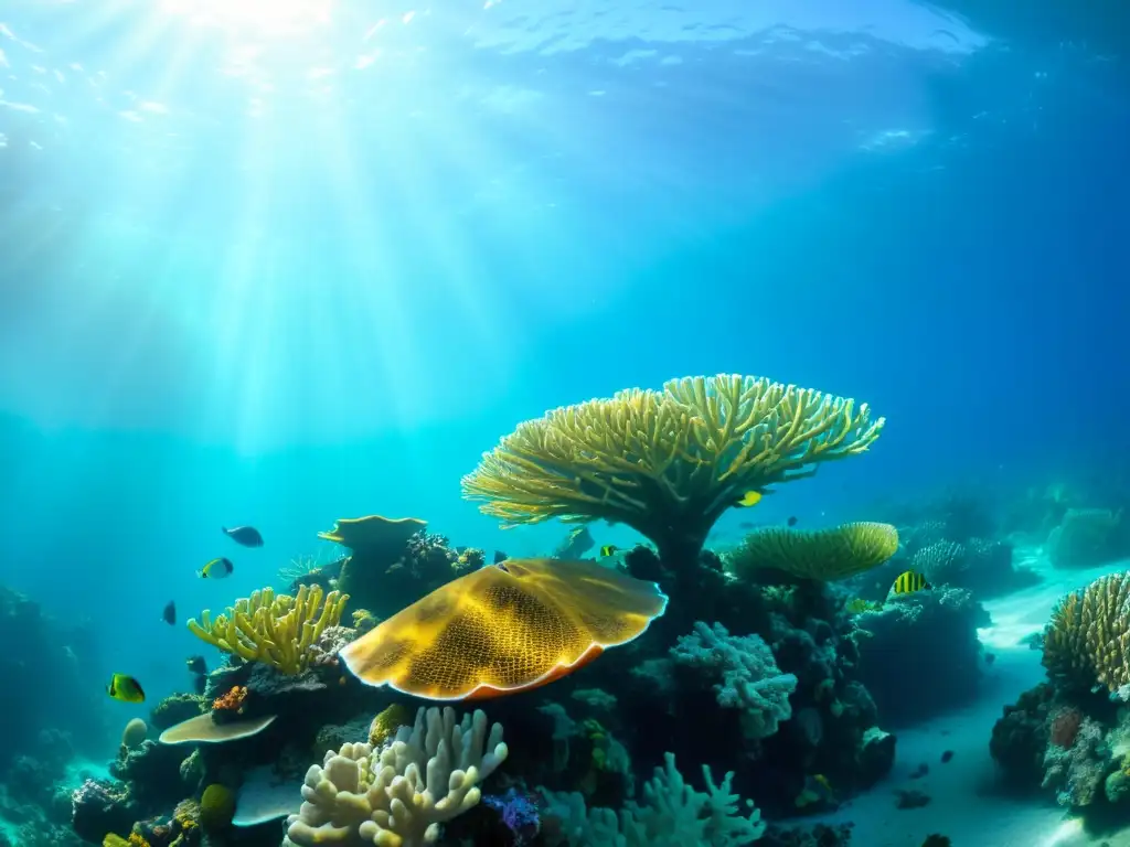 Un arrecife de coral colorido bajo el agua, con vida marina vibrante, destacando los beneficios del surf ecológico