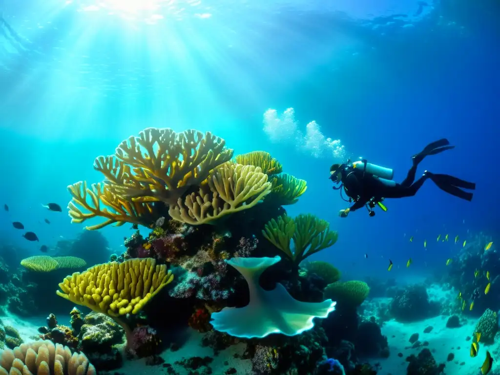 Exploración marina en arrecife de coral con avances medicina hiperbárica buceo, vida submarina colorida y agua cristalina