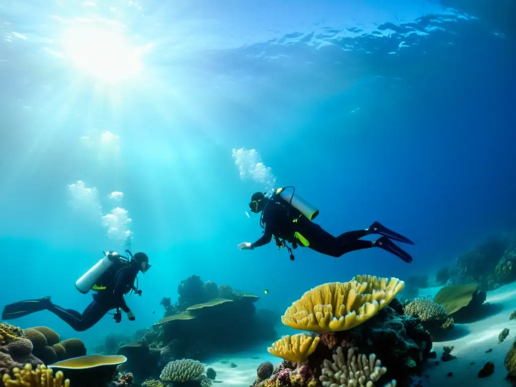 Exploración marina en arrecife de coral, buceadores con neoprenos inteligentes para buceo adaptabilidad térmica