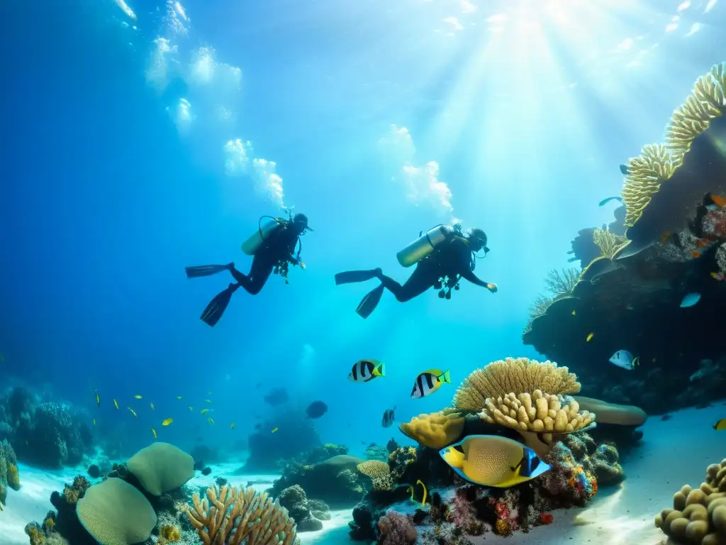 Exploración marina en arrecife de coral con buceadores rodeados de vida marina