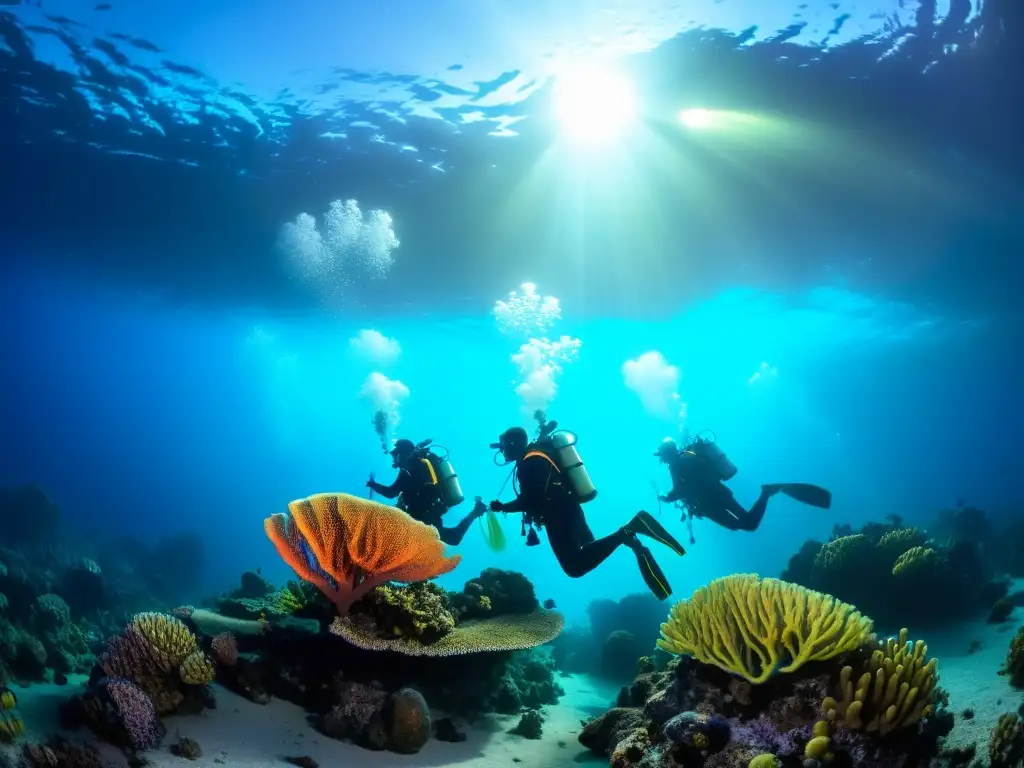 Exploración mágica de un arrecife de coral durante la certificación de buceo nocturno, con bioluminiscencia y vida marina colorida