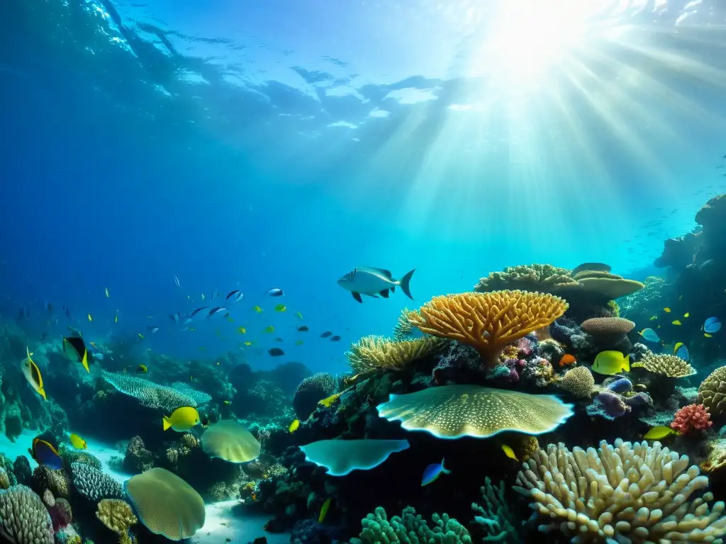 Un arrecife de coral colorido y vibrante, hogar de peces y criaturas marinas, evocando los beneficios omega 3 para la piel marina