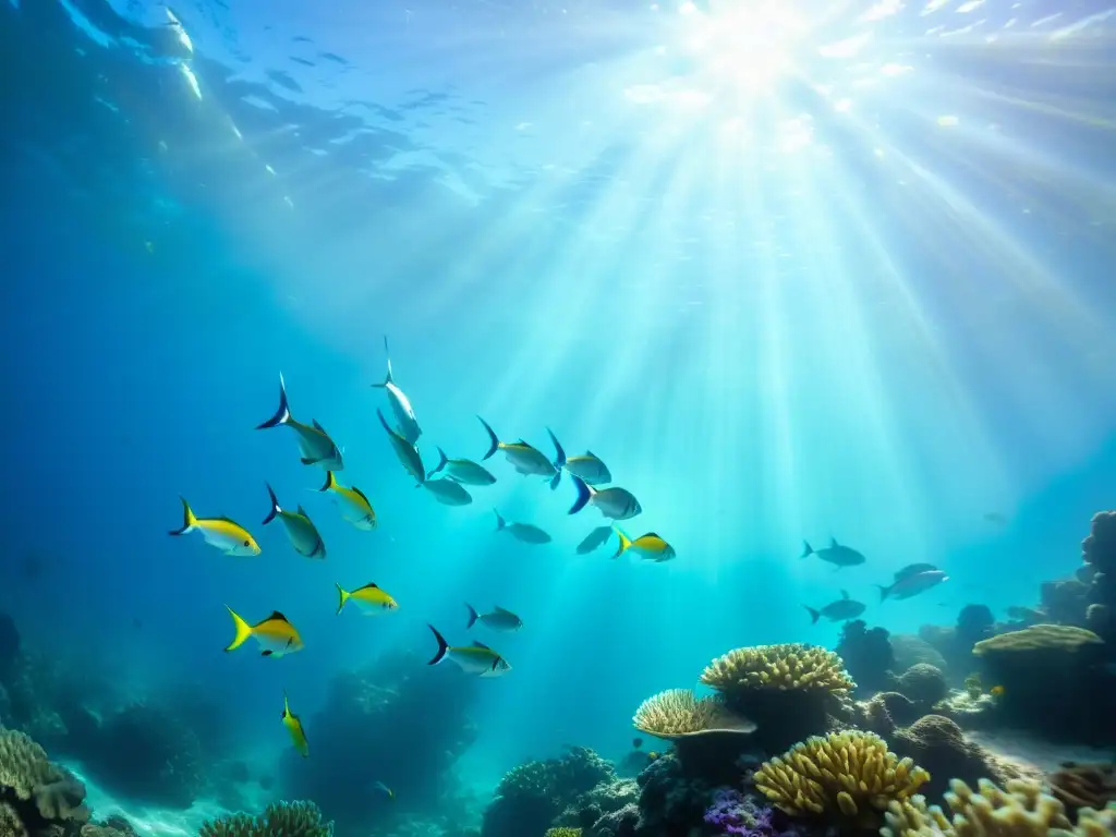 Un arrecife de coral con una escuela de peces coloridos, la luz del sol creando un efecto etéreo