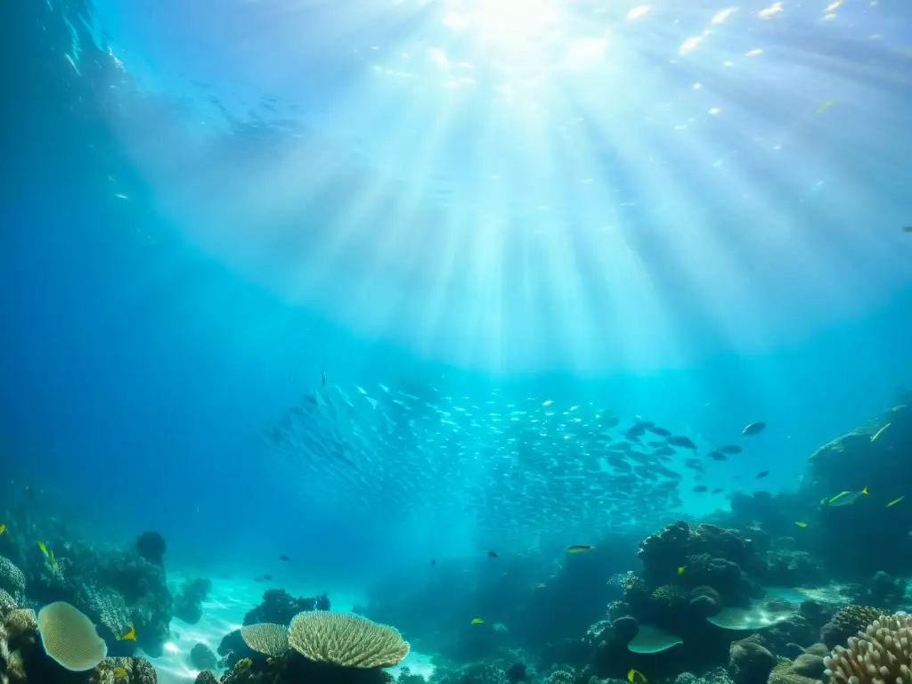 Un arrecife de coral con una escuela de peces vibrantes bajo el agua