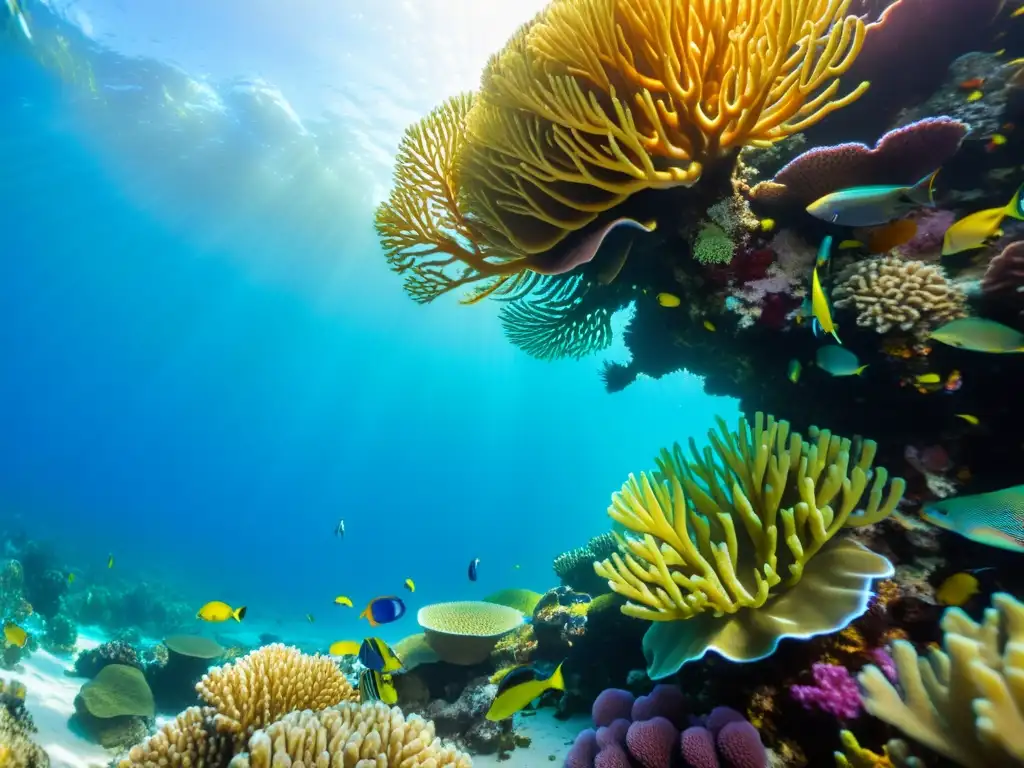 Un arrecife de coral exótico y vibrante, con vida marina colorida en un mundo submarino de tranquilidad y abundancia