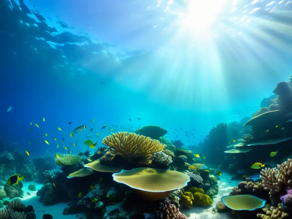 Un arrecife de coral exuberante y colorido, con peces y vida marina, iluminado por la luz del sol