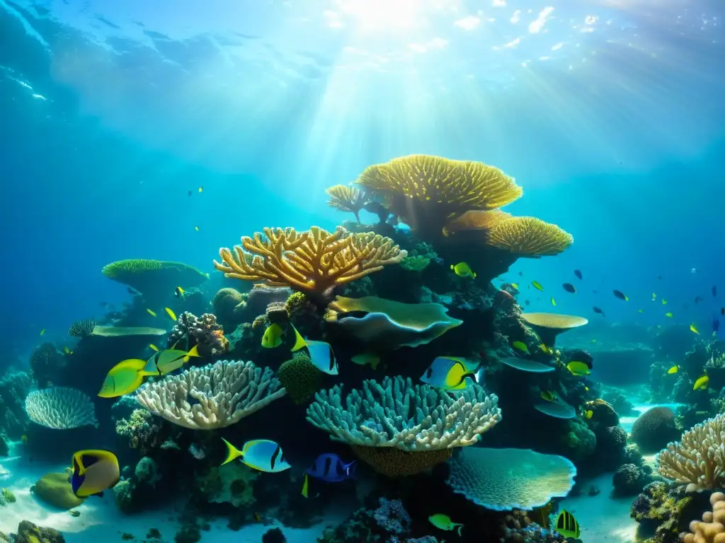 Un arrecife de coral impactante, filtrado por la luz del sol, rebosante de vida marina colorida