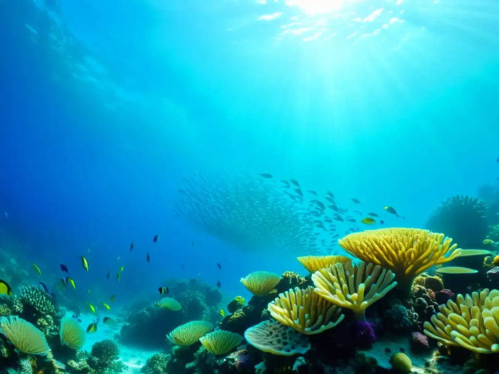 Un arrecife de coral lleno de peces de colores nadando en aguas cristalinas, iluminados por rayos de sol